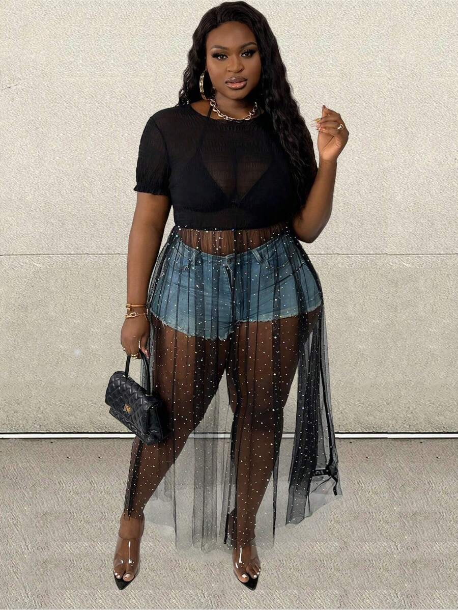 Slaydiva Plus Size Sheer Mesh Top - Black - View 1