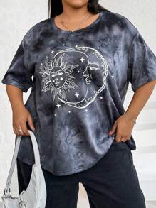 SHEIN CURVE+ 大码扎染太阳和月亮印花宽松落肩夏季 T 恤 - 灰色 - 查看 5