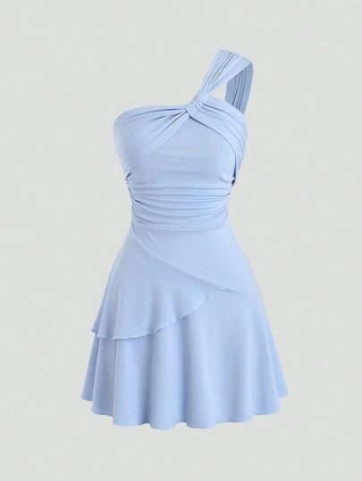 Sweetra 纯色不对称领口褶皱收腰连衣裙 Y2K 装度假装女士