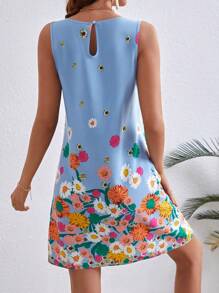 SHEIN VCAY 女士花卉印花無袖修身連體裙 - 藍色 - 查看 2