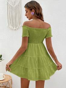 SHEIN VCAY Off Shoulder Ruffle Hem Solid Summer Dress