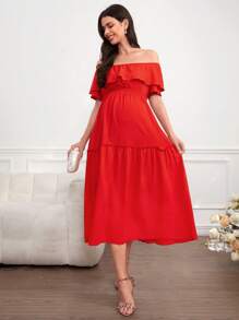 SHEIN Solid Color Maternity Off-Shoulder Dress With Cinching Waist