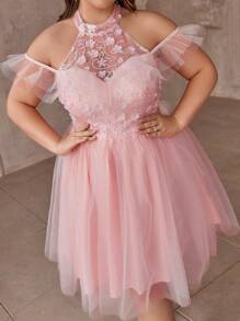 SHEIN Belle Plus Size Ladies Pink Princess Palace Style Off Shoulder Glitter 3d Floral Patchwork Tulle Sundress Short Homecoming Dresses Short Formal Dress Birthday Teens Dress Cocktail Dress Short Evening Dress - Pink - View 5