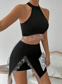 VaVaBold Top Corto De Lentejuelas Y Borlas Decorado Con Dobladillo Asimétrico Y Conjunto De Falda Entallada Al Cuerpo
