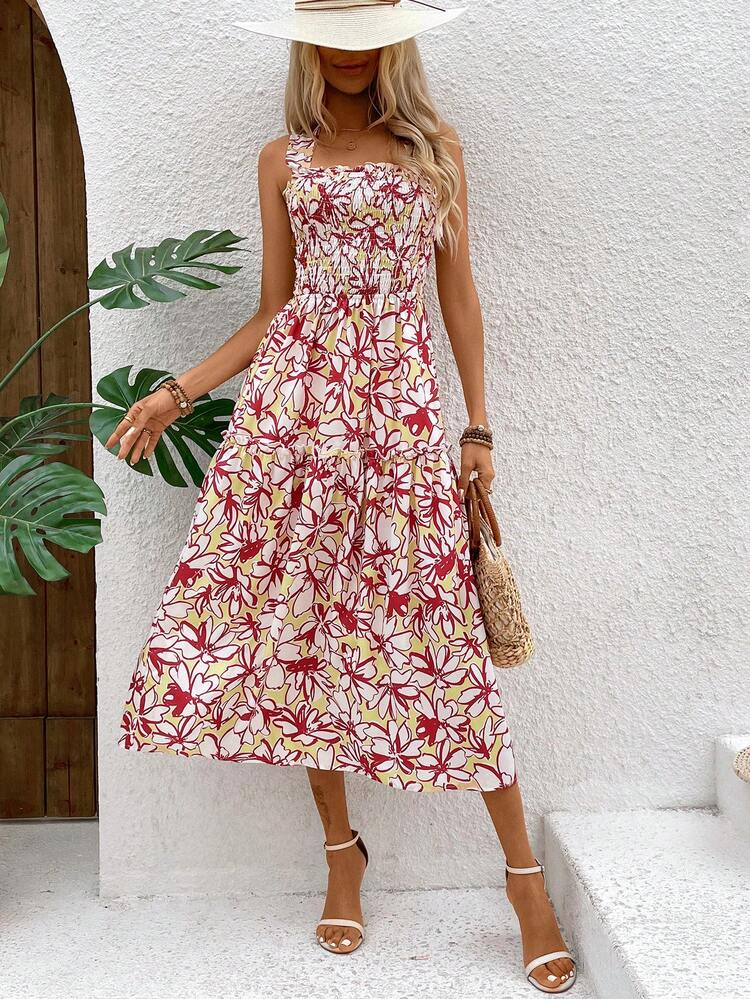 Floral Print Square Neck Sleeveless Dress