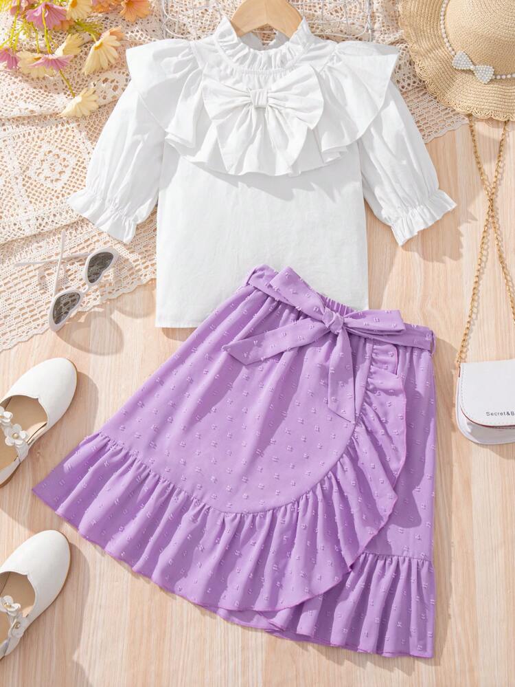 Tween Girl French Style Frilly Edged Shirt With Bowknot Decoration And Crossed Hem Skirt Set