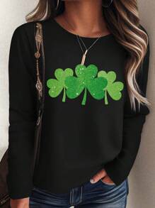 INAWLY Bắt chước Diamante Ký hiệu Của Chúc may mắn Cỏ ba lá Vòng cổ Tay áo dài Áo thun , Thích hợp Đối với Giải trí Dịp Như Ngày St. Patrick - màu đen - Xem 1