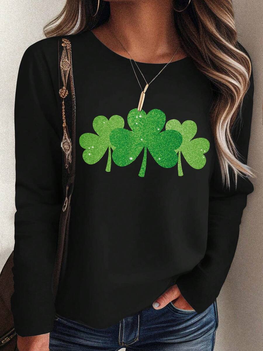 INAWLY Bắt chước Diamante Ký hiệu Của Chúc may mắn Cỏ ba lá Vòng cổ Tay áo dài Áo thun , Thích hợp Đối với Giải trí Dịp Như Ngày St. Patrick - màu đen - Xem 1