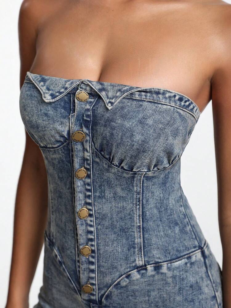 Designer Women Button Front Tube Cowgirl Denim Romper, For Summer, Holiday, Festival