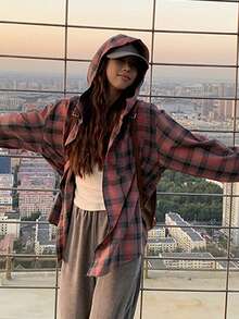 Tartan Oversized Hooded Shirt, Ladies Casual Pocket Long Sleeve Hooded Loose Regular Red Drop Shoulder Shirt Women Blouses, Spring/Fall, Casual Daily Wear,Long Sleeve Tops