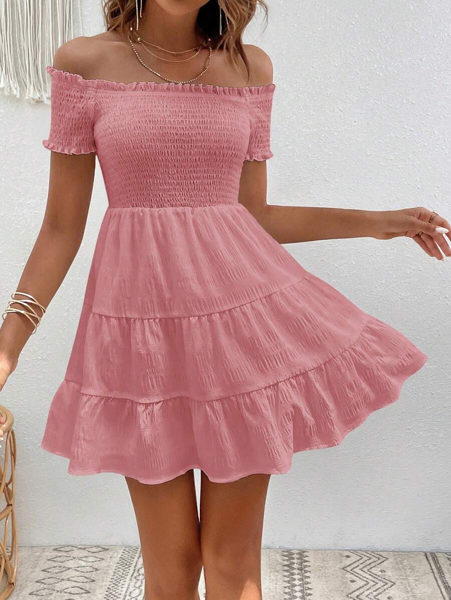 SHEIN VCAY Off Shoulder Ruffle Hem Solid Summer Dress - Pink - View 1