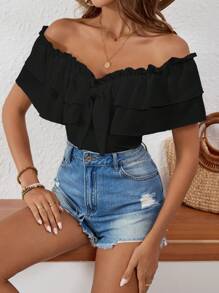 SHEIN VCAY Solid Color Off Shoulder Multi Layer Lace T-Shirt - Black - View 5