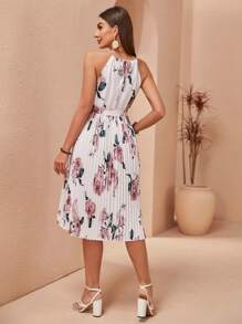 SHEIN Maternity Summer City Casual Floral Printed Pleated Hem Halter Neck Dress - White - View 2