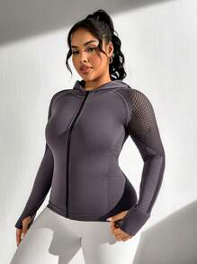 SHEIN Sports Plus Size Seamless Mesh Contrast Hooded Sports Jacket - Dark Grey - View 3