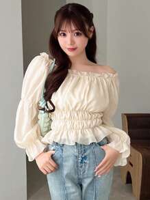 FRIFUL Camisa De Hombro Descubierto Sólido De Las Mujeres Con Manga De Volantes Y Pliegues - Beis - Ver 1