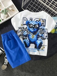 SHEIN Conjunto de 2 piezas para niño o niña con patrón de oso animado, color azul, de manga corta y cuello redondo. Incluye sudadera y pantalones cortos lisos en unicolor, ropa deportiva y de descanso suave, transpirable, cómoda y de moda
