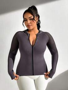 SHEIN Sports Plus Size Seamless Mesh Contrast Hooded Sports Jacket - Dark Grey - View 7