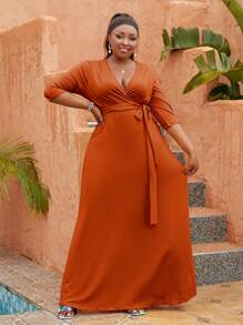 Astrid Plus Size Women V-Neck 3/4 Sleeve Solid Color Dress