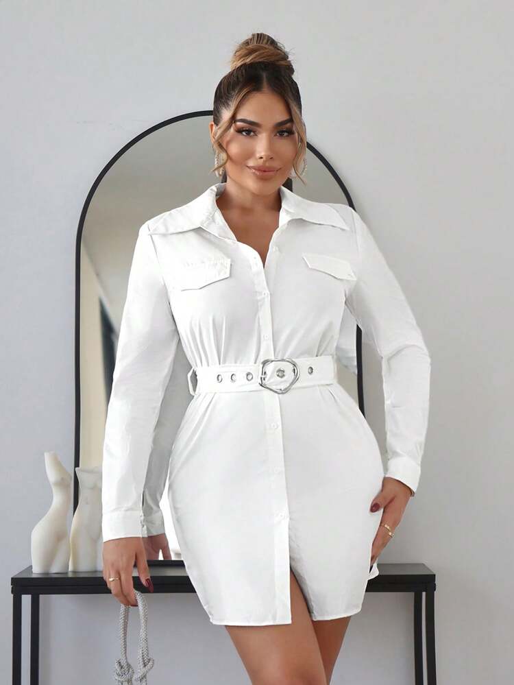 Casual And Belted Long Shirt With Flap Detail And Buckle, Spring/Autumn Style