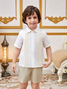 SHEIN Young Boy 1set Casual Geometric Pattern Turn-Down Collar Short Sleeve Woven Shirt And Shorts Suit