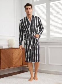 Men's Striped Long Sleeve Bathrobe - Black - View 3
