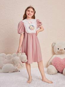 SHEIN Leap Crew Tween Girls' Lovely Princess Style Round Neck Sleep Dress With Bow Decoration And Bunny Embroidery For Summer - Baby Pink - View 4
