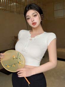 DAZY 女士實色修身短袖針織上衣,帶扣緊閉,薄款