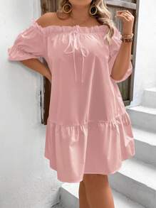 SHEIN VCAY 加大號露肩荷葉邊散摺連衣裙 - 粉色 - 查看 3