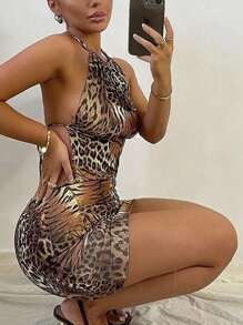 Slaydiva Sexy Bodycon Minikleid mit Cheetah-Muster und rückenfrei gekreuztem Rückenausschnitt