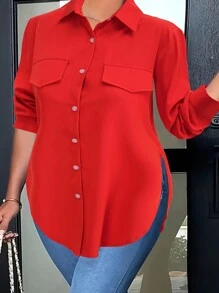 Plus Size Women Fashion Solid Color Side Slit Blouse - Red - View 4