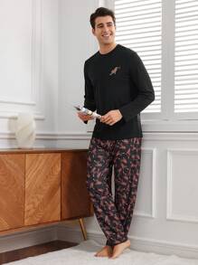 男士虎紋圓領長袖加長褲家居套裝 - 彩色 - 查看 1