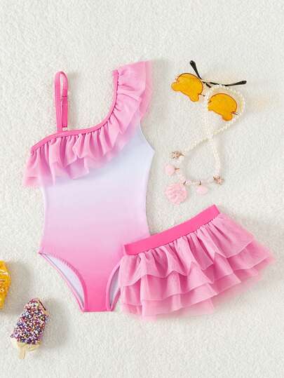 SHEIN Baby Girl Ruffle One-Piece Swimsuit With Matching Mesh Skirt