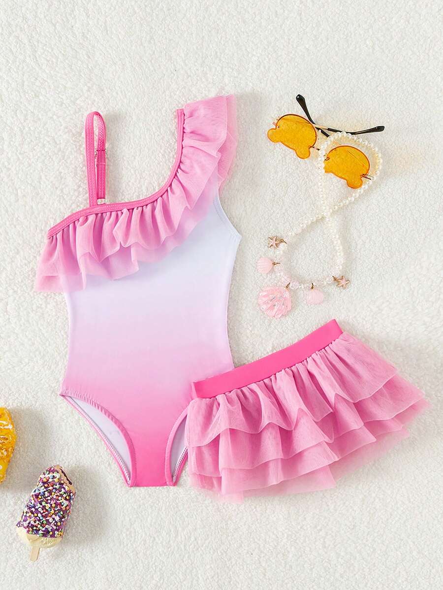 SHEIN Baby Girl Ruffle One-Piece Swimsuit With Matching Mesh Skirt - Pink - View 1
