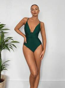 SHEIN Swim Của phụ nữ Màu thuần Đồ bơi một mảnh Với Dây đai mỏng - màu xanh lá - Xem 5