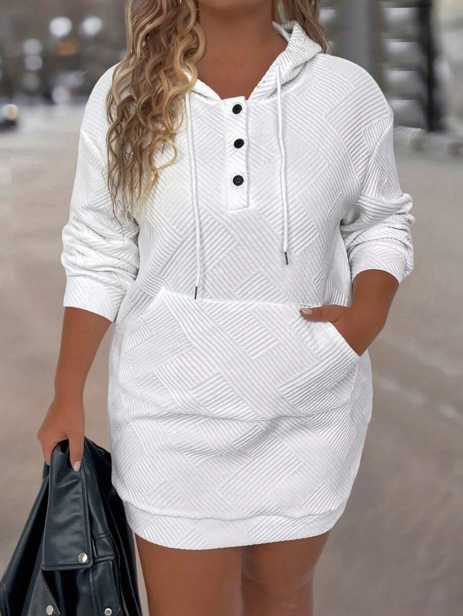 SHEIN LUNE 大尺碼連帽連身裙,附袋鼠口袋和紐帶門襟 - 白色 - 查看 1