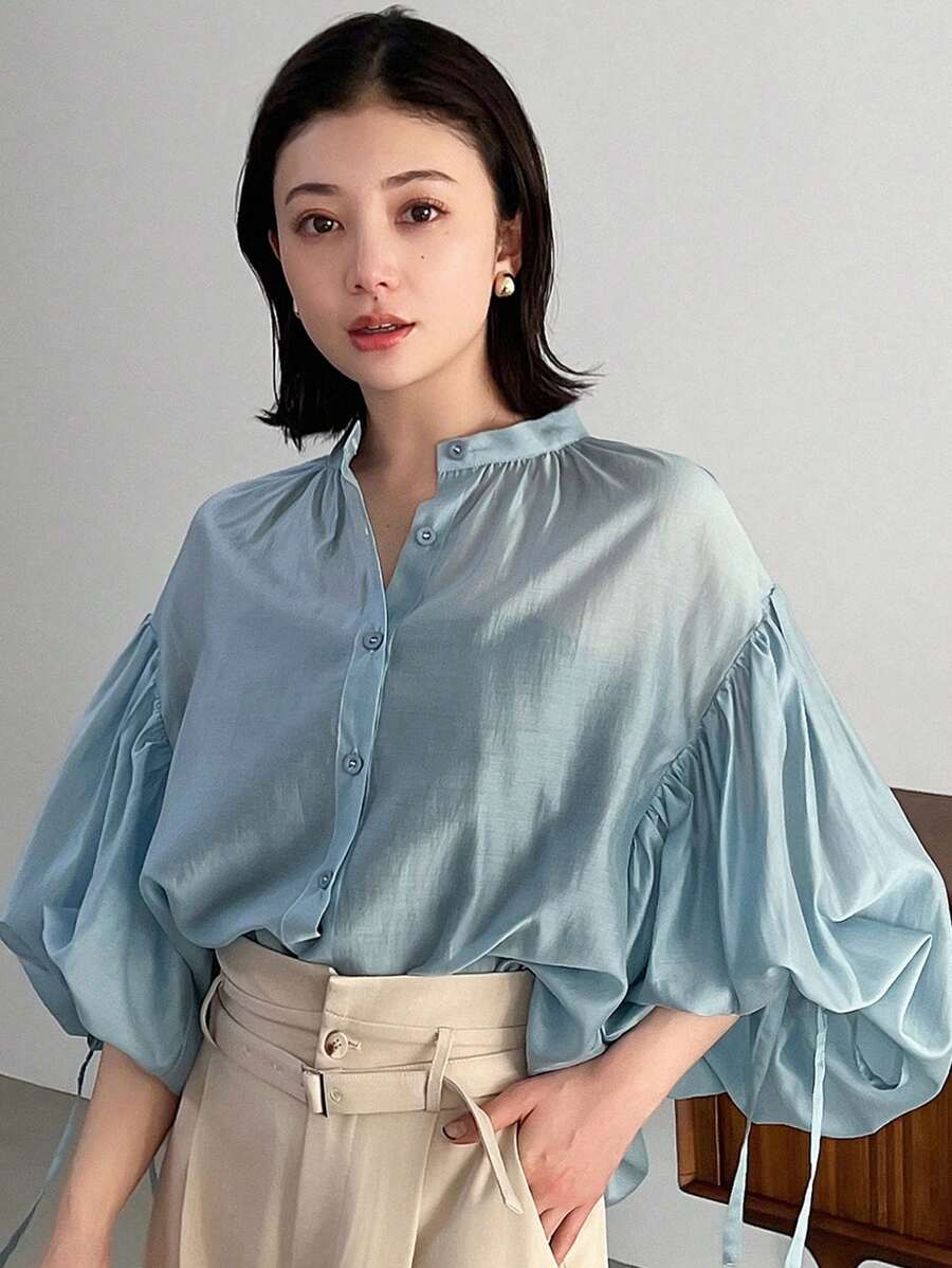 FRIFUL 鈕扣式圓領氣球袖襯衫 - 藍色 - 查看 1