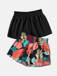 SHEIN VCAY 2pcs/Set Plus Size Set Of Botanical Print Tops And Solid Color Summer Boho Shorts - Multicolor - View 3