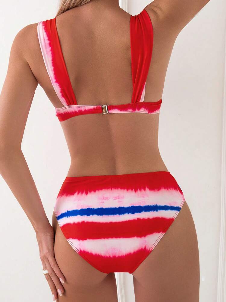 Women's Tie-Dye Ruched Bikini Set, For Summer, Beach, Swimming