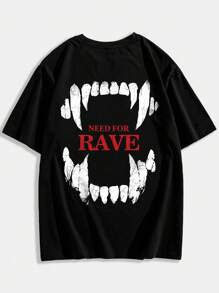 Manfinity Dauomo Men's Round Neck Short Sleeve T-Shirt With Teeth & Letter Print - Black - View 4