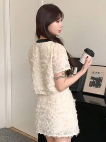 DAZY Color Block Short Sleeve Top With Button Front And Skirt With Rolled Hem, Women Two Pieces Sets