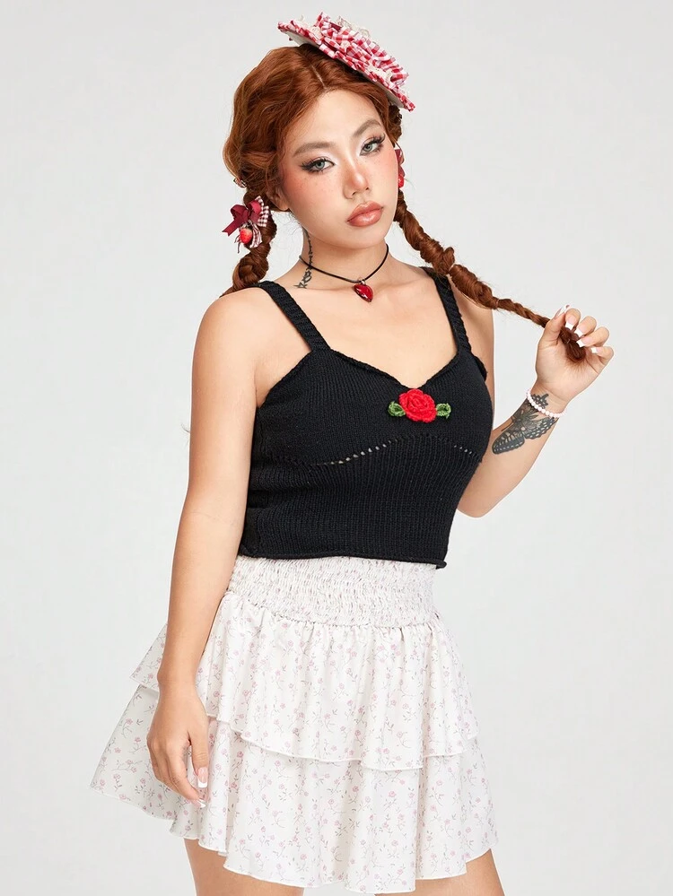 Women Summer Sweet Lovely Rose Decorated Knitted Tank Top