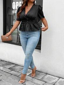 SHEIN Clasi Áo Sơ Mi Cinching Màu Trơn Plus Size - màu đen - Xem 3