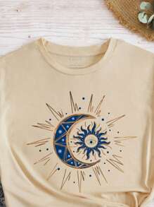 INAWLY Maglietta grafica a maniche corte con collo rotondo, stampa sole e luna, per donna - Cachi - Visualizzare 4