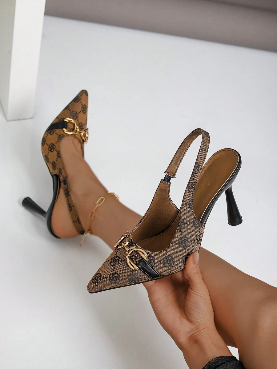 Women's Pointed Toe High Heel Slingback Pumps With Metal Decor,Elegant,Elegant - Multicolor - View 1