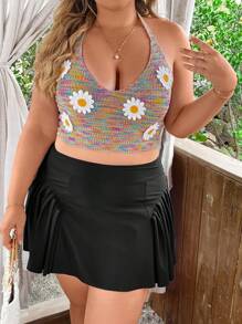 Flirla Top De Punto Para Mujer Con Aplicaciones De Margarita En Cuello Halter De Talla Grande, Tela Mezclada