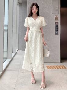 DAZY Vestido de manga corta con cuello en V de encaje, manga abullonada y cintura ceñida para mujer, vestido de verano