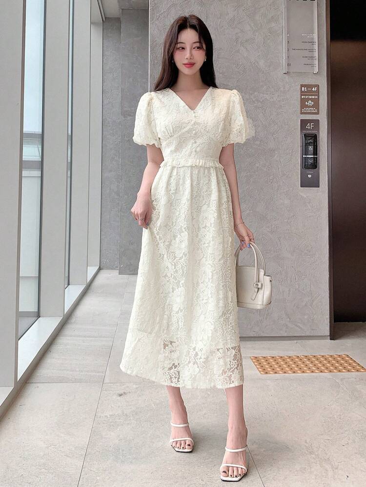 Lace V-Neckline Puff Sleeves Waist Cinched Long Short Sleeve Dress For Women Sundress