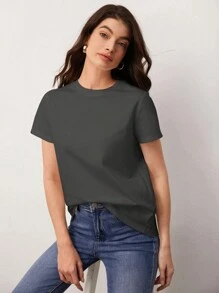 SHEIN BASICS Ladies' Solid Color Short Sleeve T-Shirt - Dark Grey - View 3