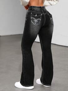SHEIN ICON Washed Flared Jeans With Slanted Pockets - Black - View 2