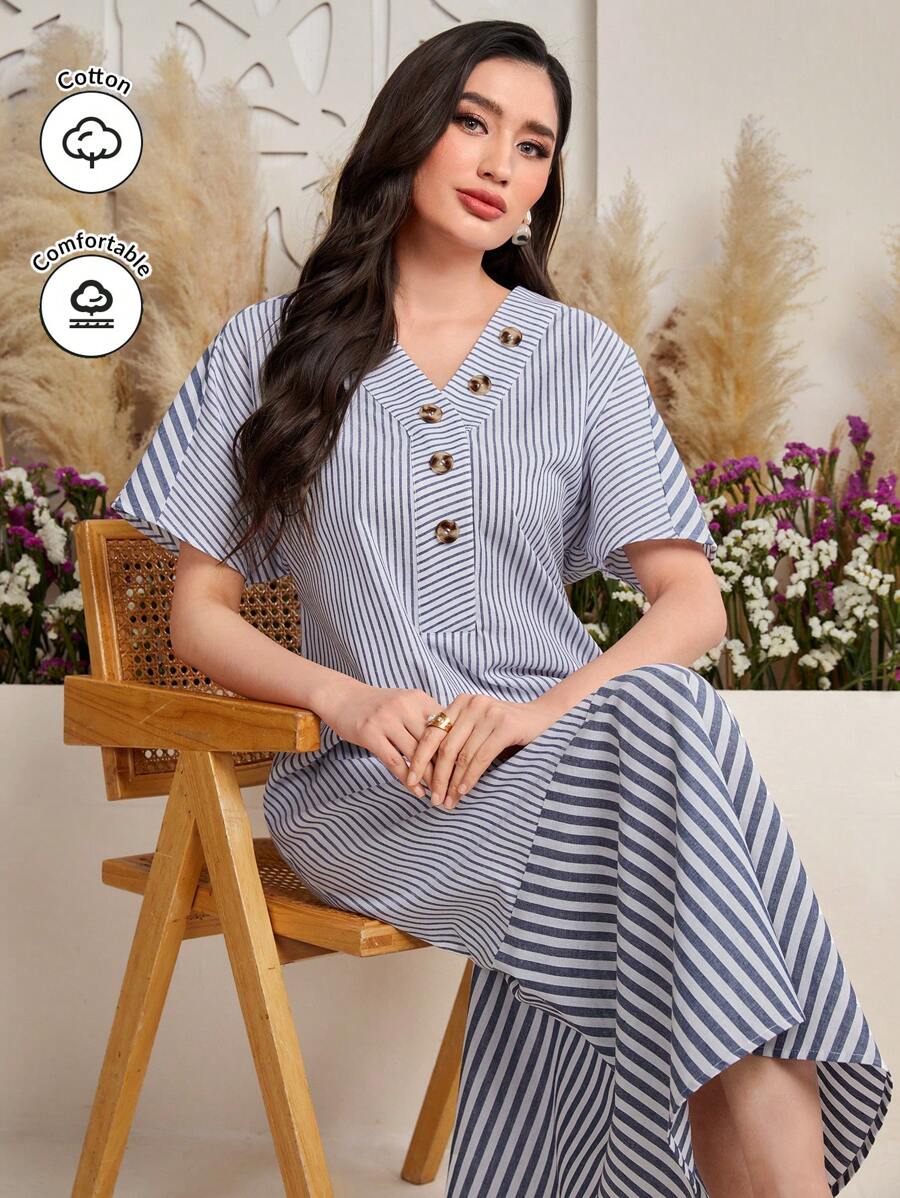 Mulvari Vestido De Murciélago De Manga Corta Con Detalle De Botón Y Estampado De Rayas Para Mujer - Azul - Ver 1